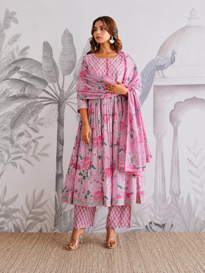 Pink Floral Jaipuri Cotton Flared Anarkali Suit Set