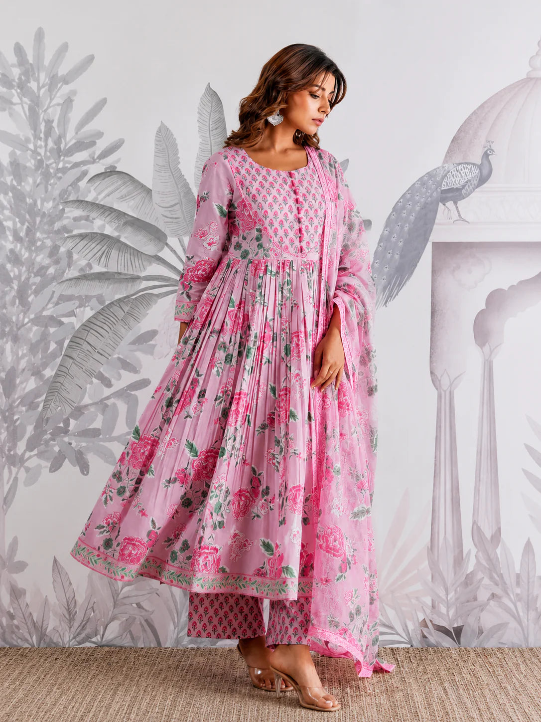 Pink Floral Jaipuri Cotton Flared Anarkali Suit Set