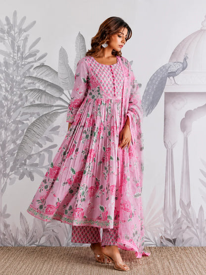 Pink Floral Jaipuri Cotton Flared Anarkali Suit Set