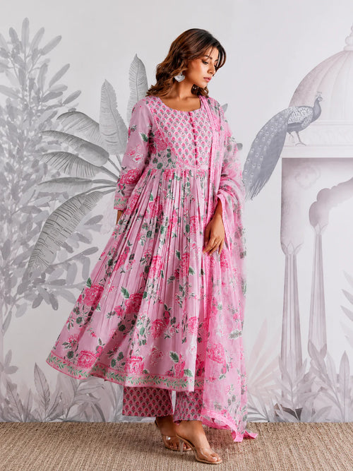 Pink Floral Jaipuri Cotton Flared Anarkali Suit Set