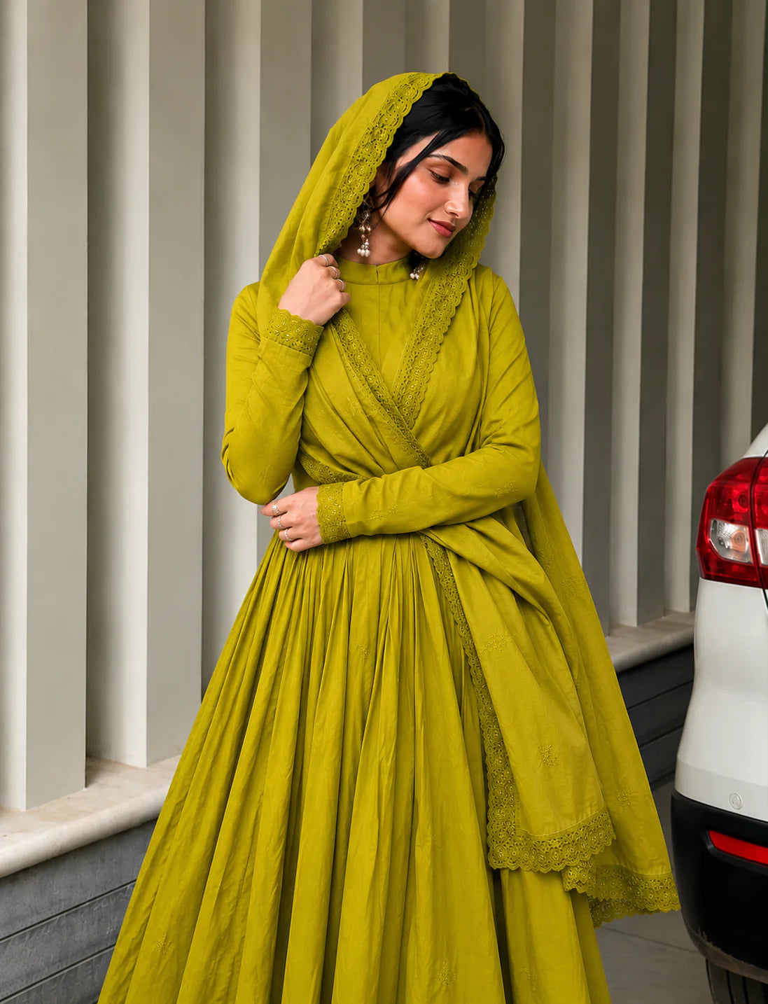 Mustard Green Embroidered Anarkali Suit Set for Women