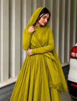 Mustard Green Embroidered Anarkali Suit Set for Women