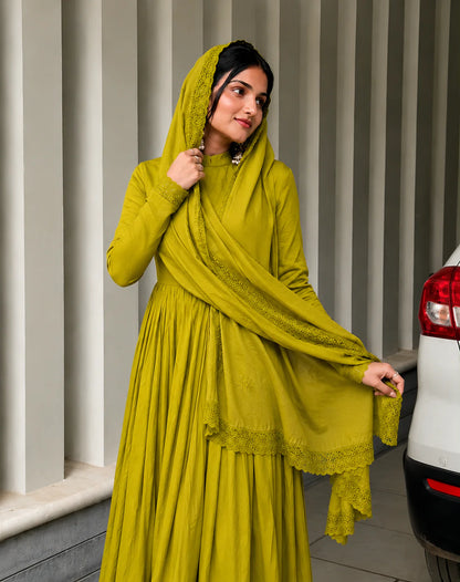 Mustard Green Embroidered Anarkali Suit Set for Women