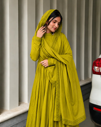 Mustard Green Embroidered Anarkali Suit Set for Women
