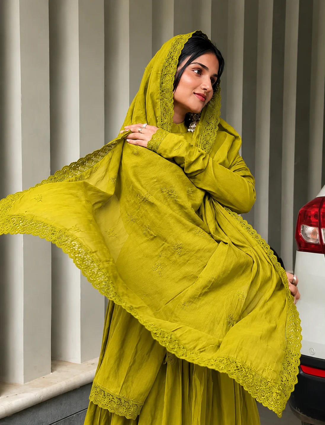 Mustard Green Embroidered Anarkali Suit Set for Women