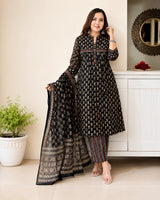 Elegant Black Pure Cotton Suit Set for Women with Printed Dupatta