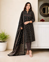 Elegant Black Pure Cotton Suit Set for Women with Printed Dupatta