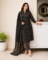 Elegant Black Pure Cotton Suit Set for Women with Printed Dupatta