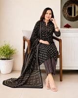 Elegant Black Pure Cotton Suit Set for Women with Printed Dupatta