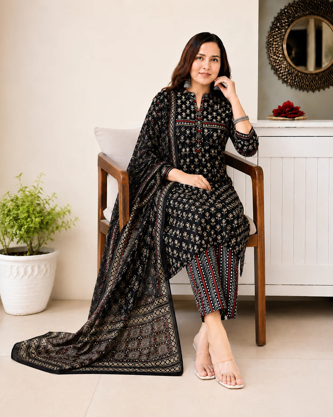 Elegant Black Pure Cotton Suit Set for Women with Printed Dupatta
