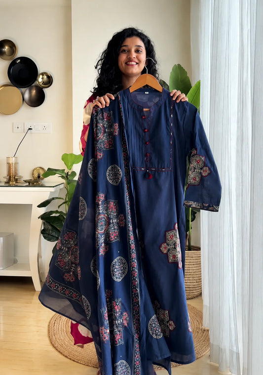 Elegant Navy Blue Patchwork Kurta Pant Dupatta Set for Women