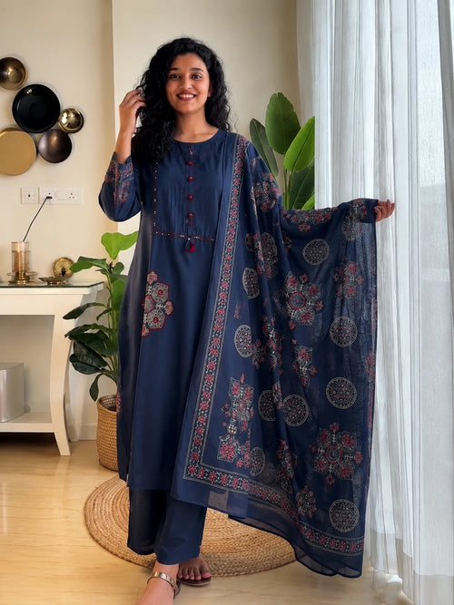 Elegant Navy Blue Patchwork Kurta Pant Dupatta Set for Women