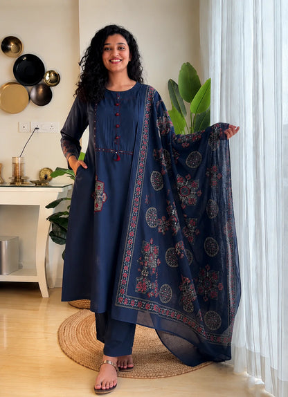 Elegant Navy Blue Patchwork Kurta Pant Dupatta Set for Women
