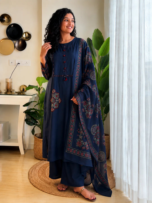 Elegant Navy Blue Patchwork Kurta Pant Dupatta Set for Women