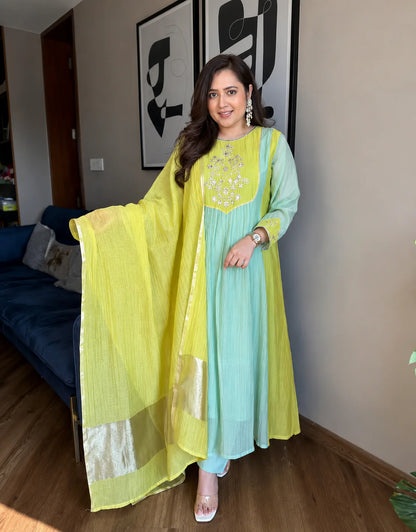 Green & Lime Yellow Embroidered Anarkali Suit Set