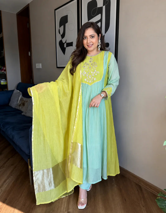 Green & Lime Yellow Embroidered Anarkali Suit Set