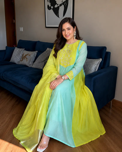 Green & Lime Yellow Embroidered Anarkali Suit Set