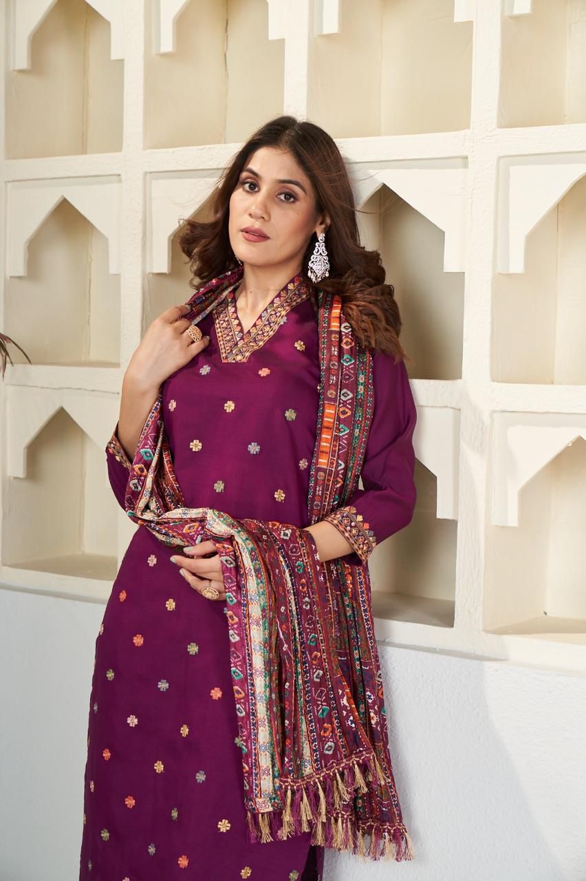 Purple Embroidered Viscose Chanderi Suit Set