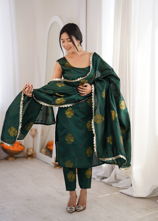 Dark Green Aura Chanderi Jacquard Suit Set