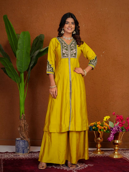 Yellow Roman Silk Anarkali Kurti Set