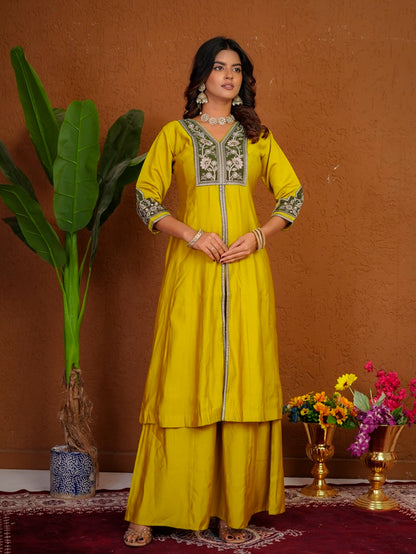 Yellow Roman Silk Anarkali Kurti Set