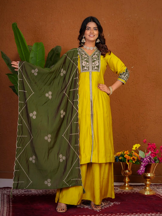 Yellow Roman Silk Anarkali Kurti Set