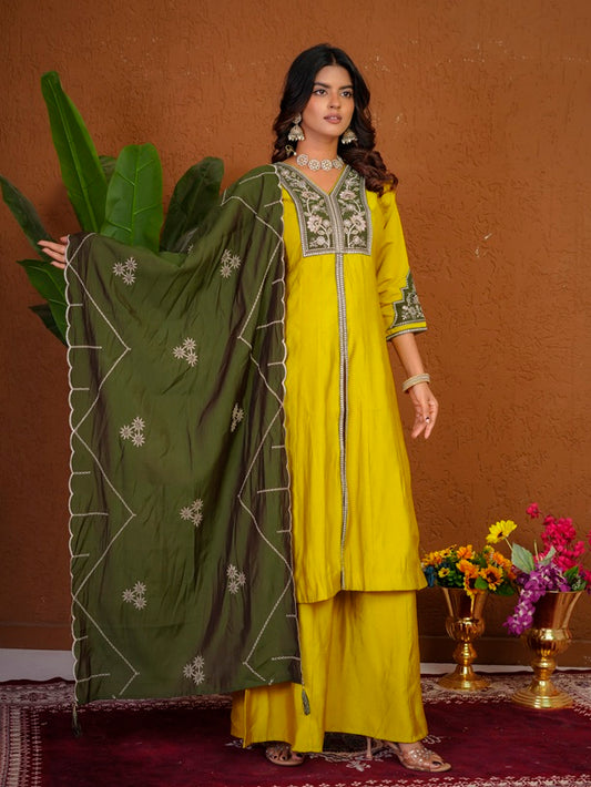 Yellow Roman Silk Anarkali Kurti Set