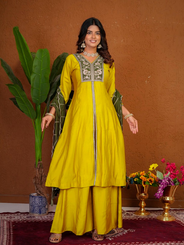 Yellow Roman Silk Anarkali Kurti Set