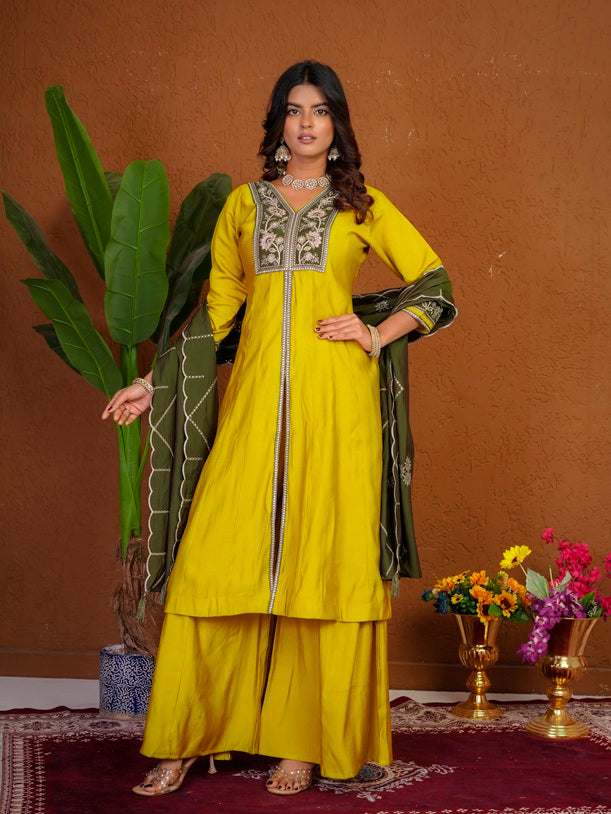 Yellow Roman Silk Anarkali Kurti Set