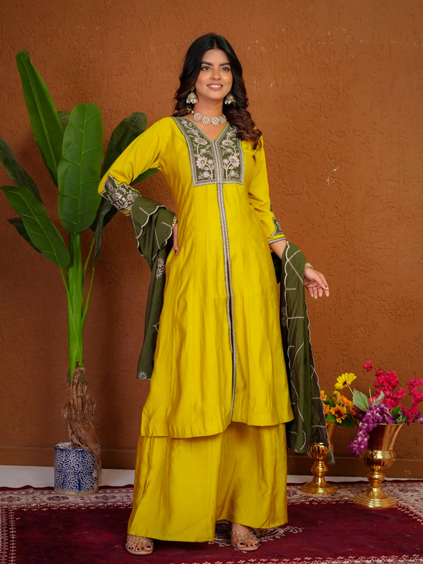 Yellow Roman Silk Anarkali Kurti Set