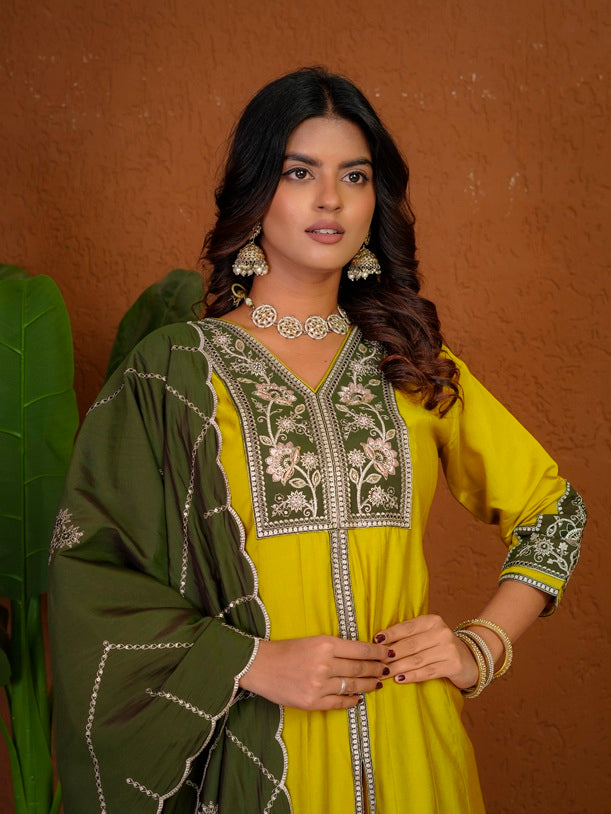 Yellow Roman Silk Anarkali Kurti Set