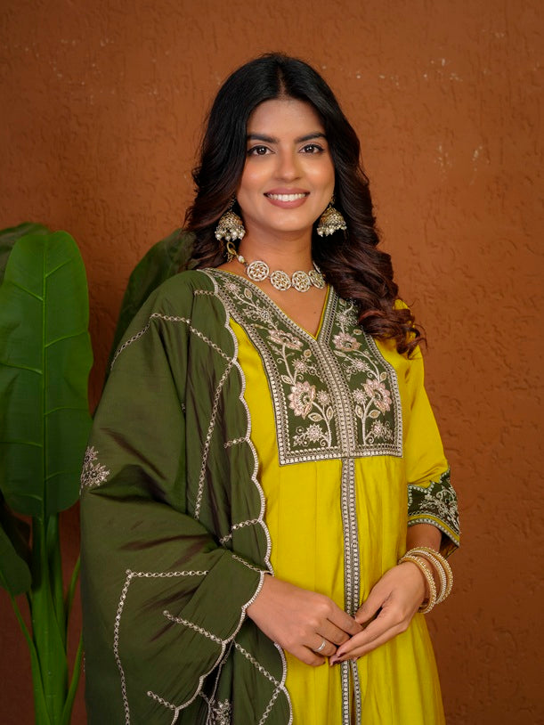 Yellow Roman Silk Anarkali Kurti Set
