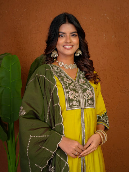Yellow Roman Silk Anarkali Kurti Set
