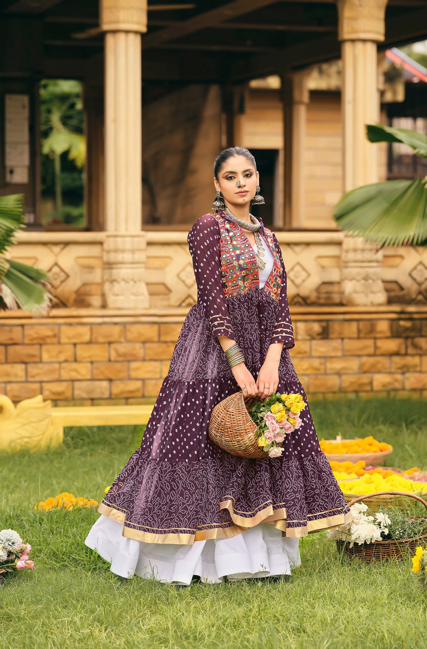Wine Printed Long Shrug with White Dress Set