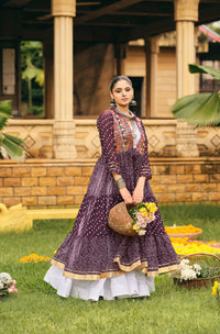Wine Printed Long Shrug with White Dress Set