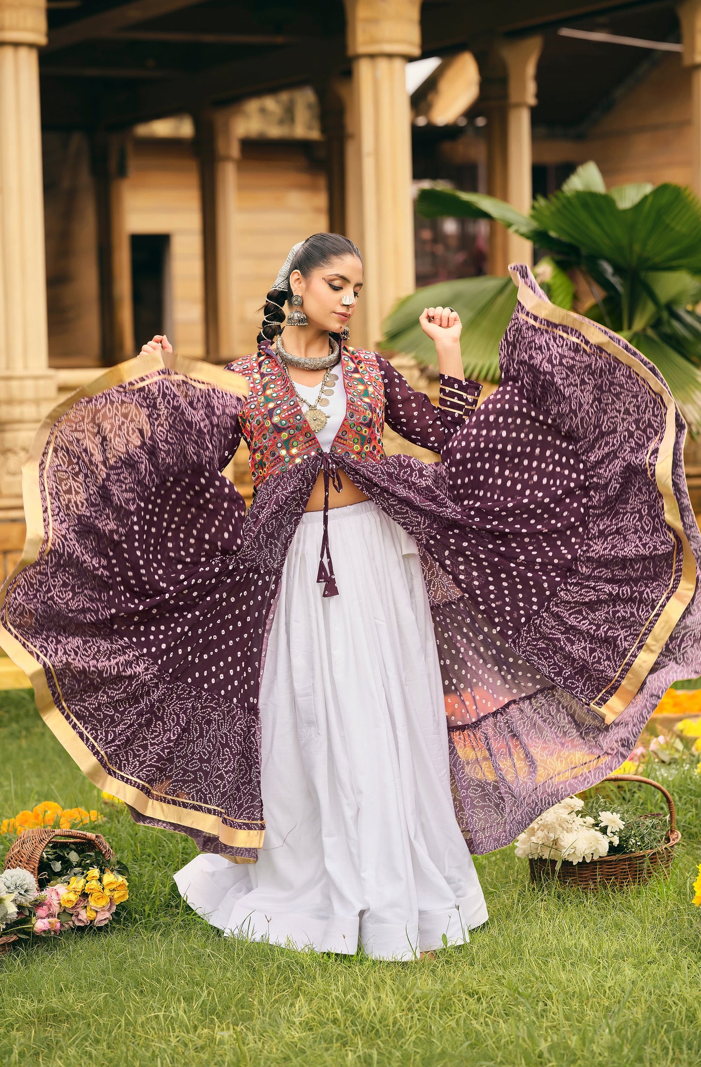 Wine Printed Long Shrug with White Dress Set