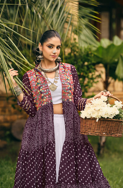 Wine Printed Long Shrug with White Dress Set