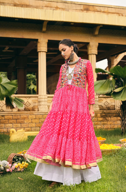 Rani Pink Printed Long Shrug with White Dress Set