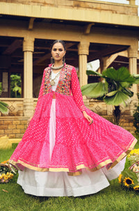 Rani Pink Printed Long Shrug with White Dress Set