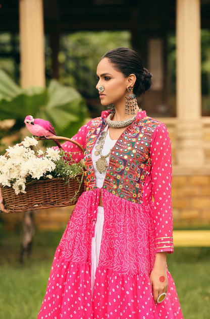 Rani Pink Printed Long Shrug with White Dress Set