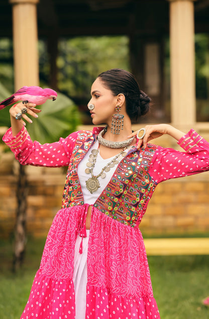 Rani Pink Printed Long Shrug with White Dress Set