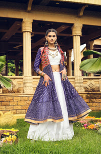 Navy Blue Printed Long Shrug with White Dress Set