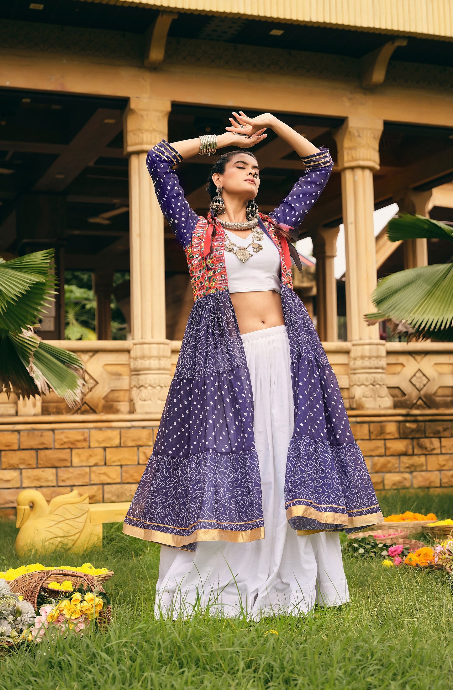 Navy Blue Printed Long Shrug with White Dress Set