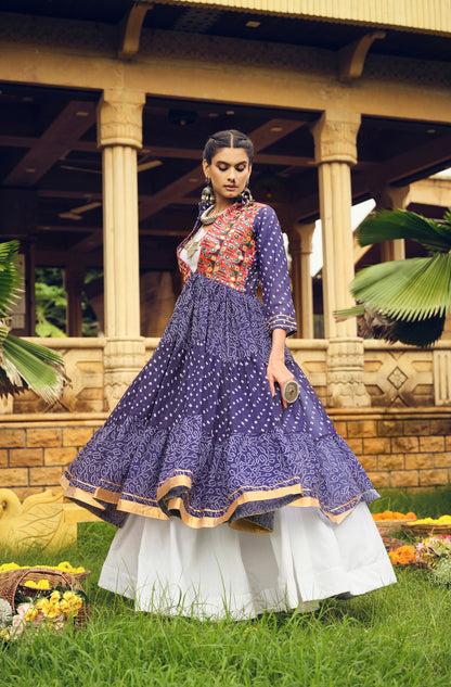 Navy Blue Printed Long Shrug with White Dress Set