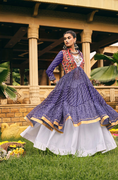 Navy Blue Printed Long Shrug with White Dress Set