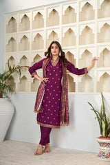 Purple Embroidered Viscose Chanderi Suit Set