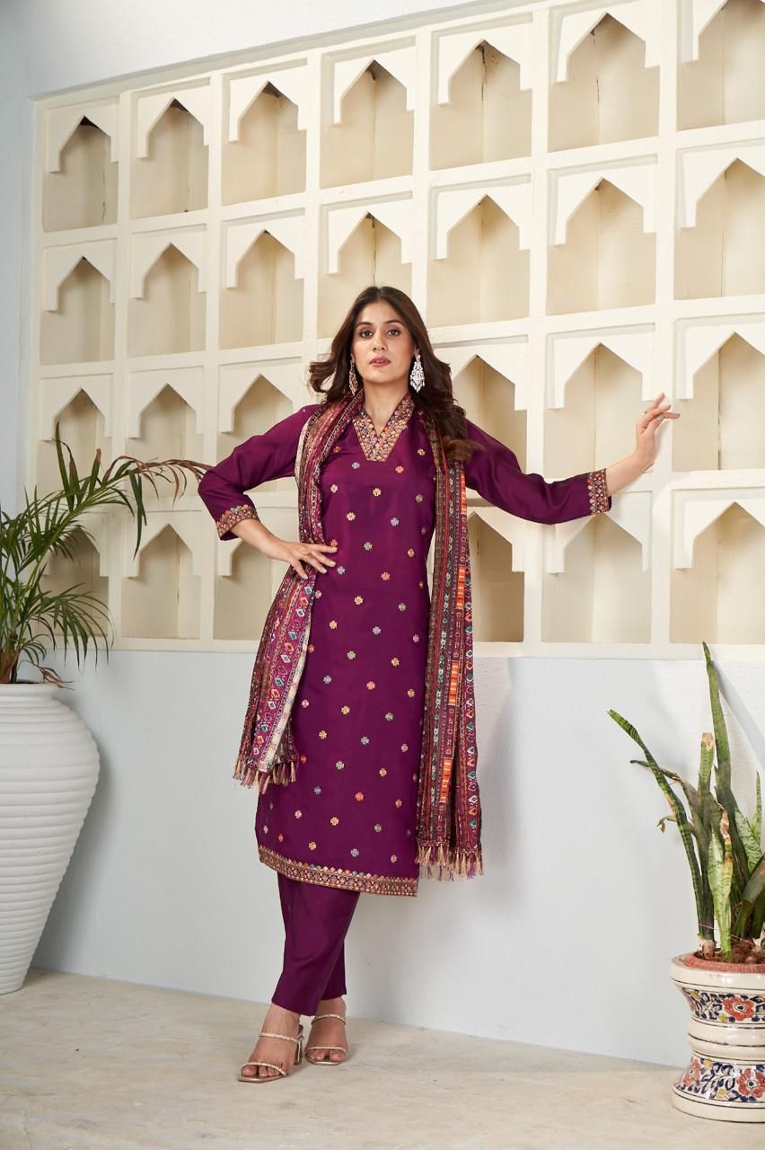 Purple Embroidered Viscose Chanderi Suit Set