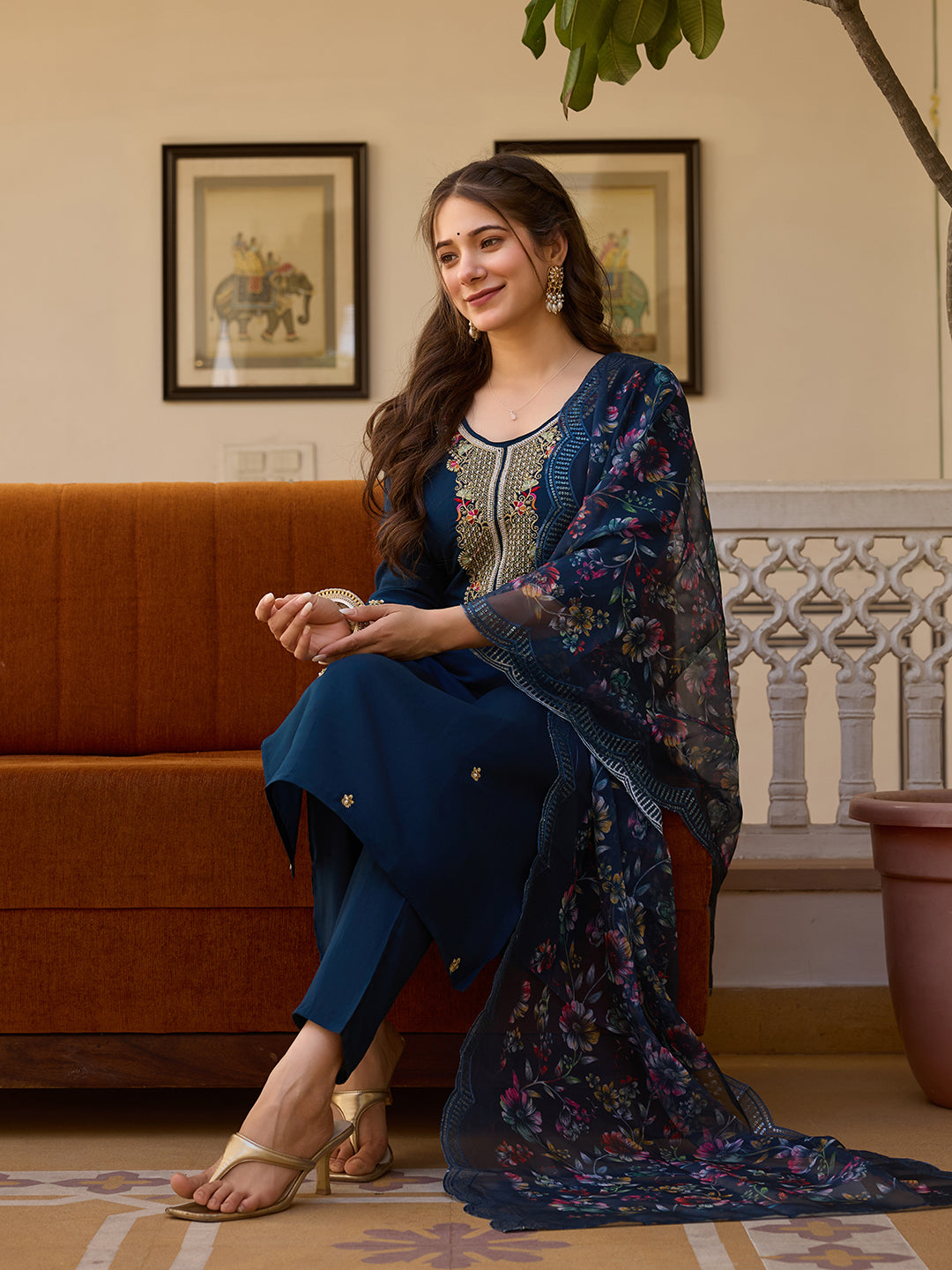 Midnight Blue Embroidered Chanderi Suit Set