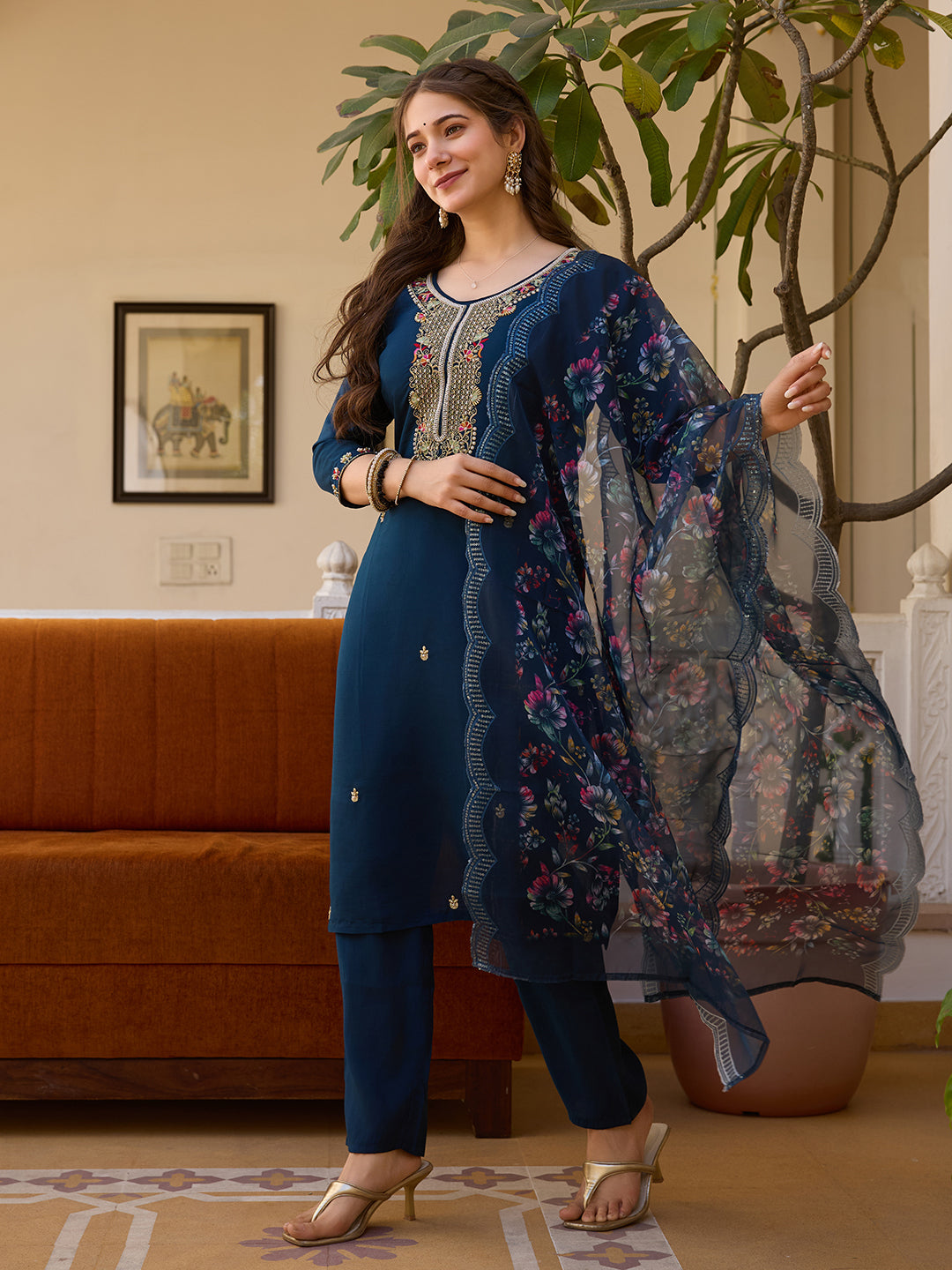 Midnight Blue Embroidered Chanderi Suit Set