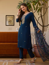 Midnight Blue Embroidered Chanderi Suit Set